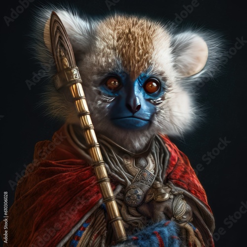 a red lemur as a warrior fantasy character  in the style of gray and gold  himalayan art  ivory  hyper-realistic portraits  furry art  kushan empire  dark white and cobalt blue - generative AI