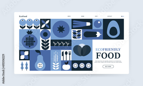 Geometric food landing. Vegan natural organic meal, fruit vegetable nourishment app interface healthy lifestyle concept. Vector banner