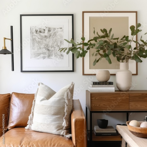 close-up of the living room and the small vintage frame in the style of studio mcgee - generative AI