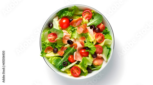 Bright studio food photography of tasty healthy cruisine dish, view from top
