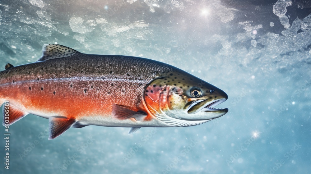 Salmon in ice background poster with copy space - generative AI Salmon in ice background poster with copy space - generative AI