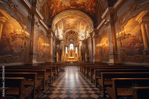 Detailed Church room hall, chapel, prayer, God rays, light rays, Created with Generative AI tool