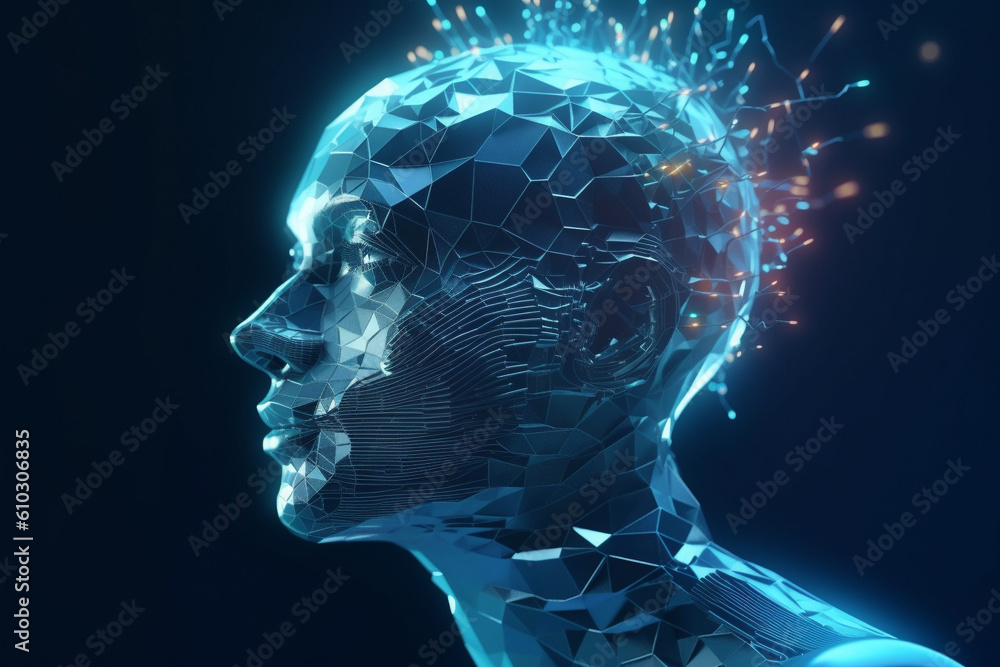 illustration of a human face intricately intertwined with digital ...