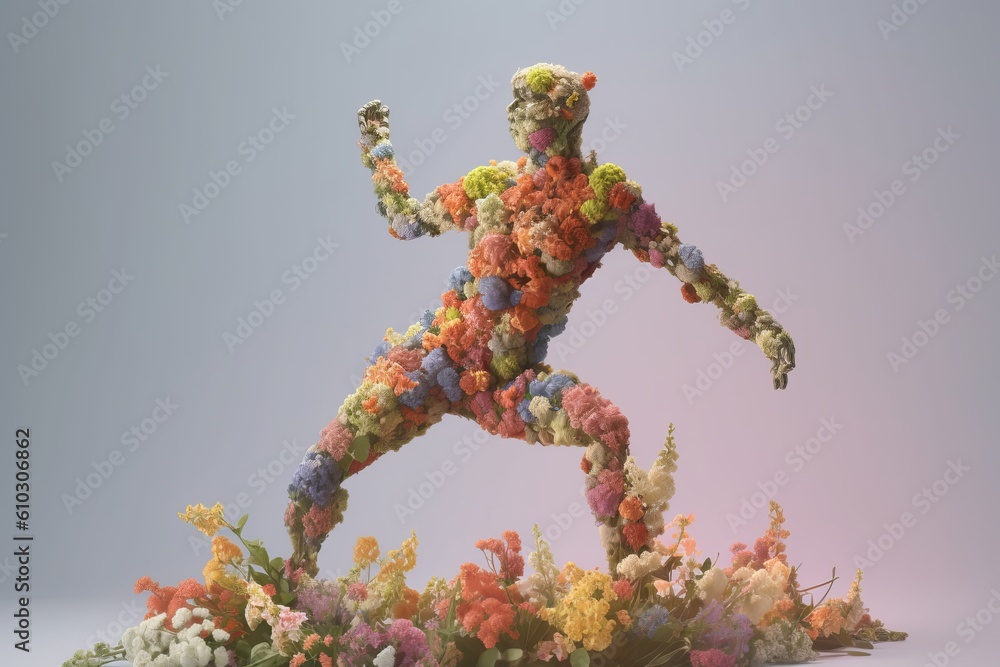 Human figure made of flowers, dancing and moving like in sports, Created with Generative AI tool Human figure made of flowers, dancing and moving like in sports, Created with Generative AI tool