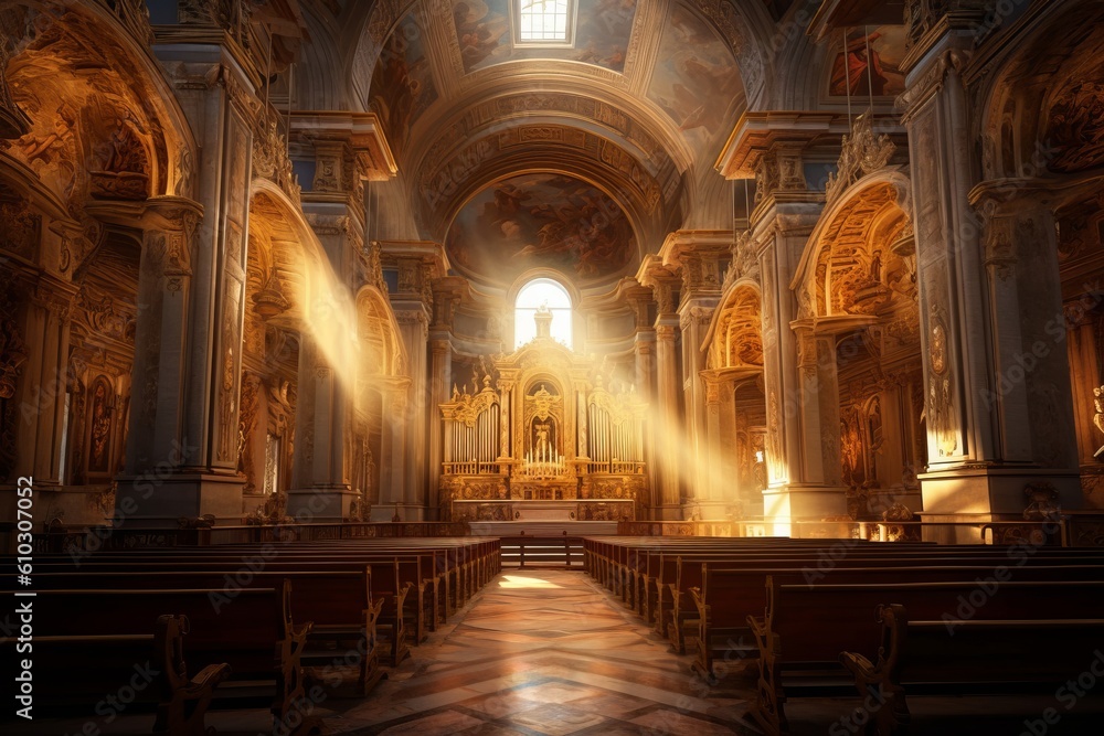 Detailed Church room hall, chapel, prayer, God rays, light rays, Created with Generative AI tool Detailed Church room hall, chapel, prayer, God rays, light rays, Created with Generative AI tool