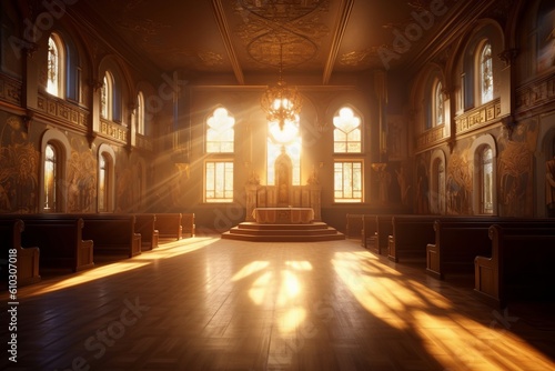 Detailed Church room hall, chapel, prayer, God rays, light rays, Created with Generative AI tool