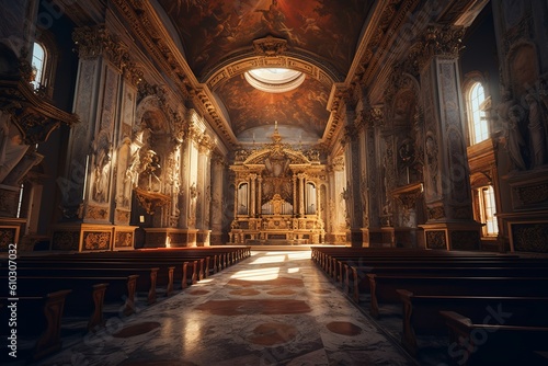 Detailed Church room hall, chapel, prayer, God rays, light rays, Created with Generative AI tool