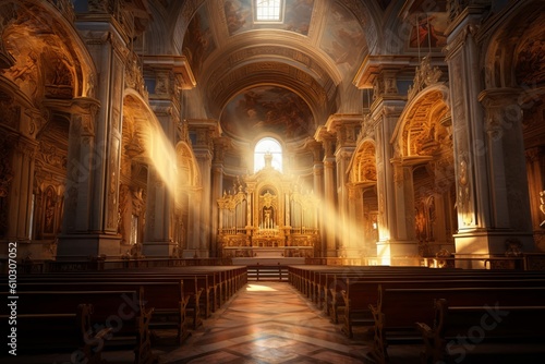 Detailed Church room hall  chapel  prayer  God rays  light rays  Created with Generative AI tool