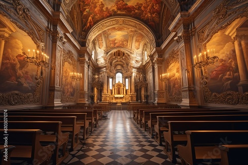 Detailed Church room hall, chapel, prayer, God rays, light rays, Created with Generative AI tool © Jimmy