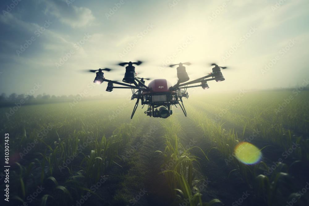 Naklejka premium Agricultural drone soaring gracefully over a lush cultivated field. This artwork captures the essence of a revolutionary farming technique. Ai generated