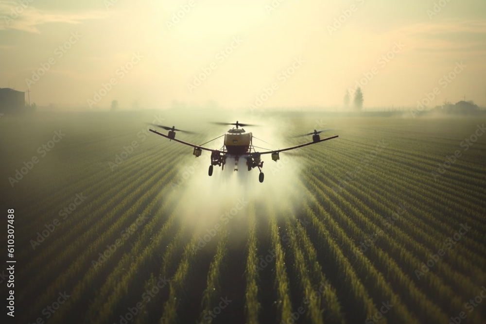 Fototapeta premium Agricultural drone soaring gracefully over a lush cultivated field. This artwork captures the essence of a revolutionary farming technique. Ai generated
