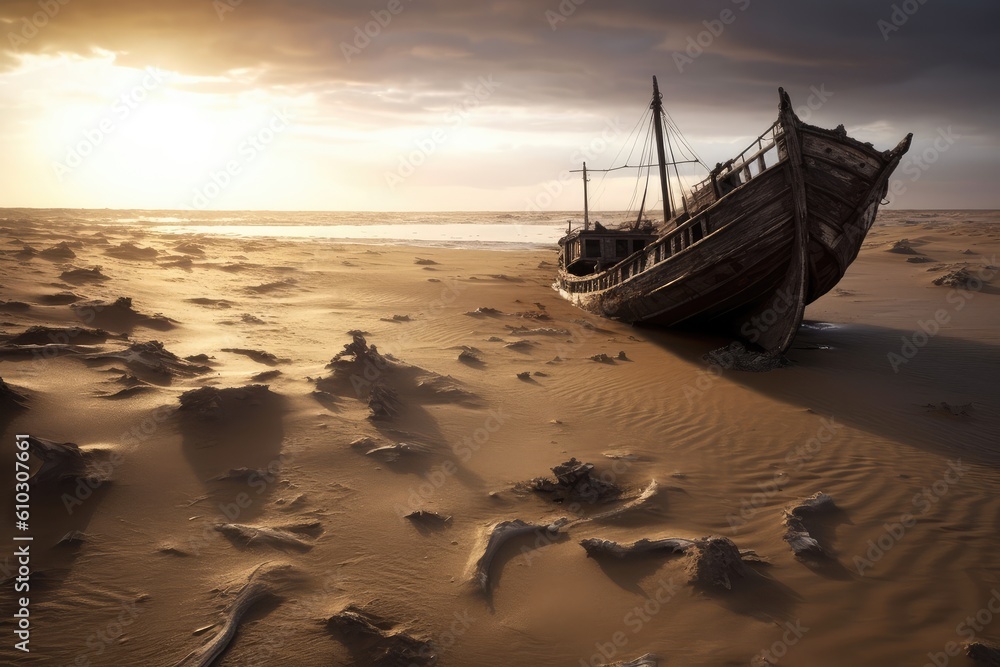 Fishing boat shipwreck on the beach at sunset with dramatic sky background. generative AI