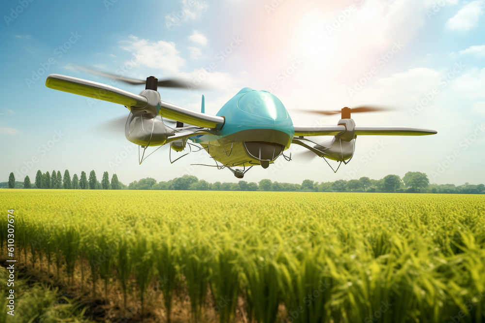 Agricultural drone soaring gracefully over a lush cultivated field. This artwork captures the essence of a revolutionary farming technique. Ai generated Agricultural drone soaring gracefully over a lush cultivated field. This artwork captures the essence of a revolutionary farming technique. Ai generated