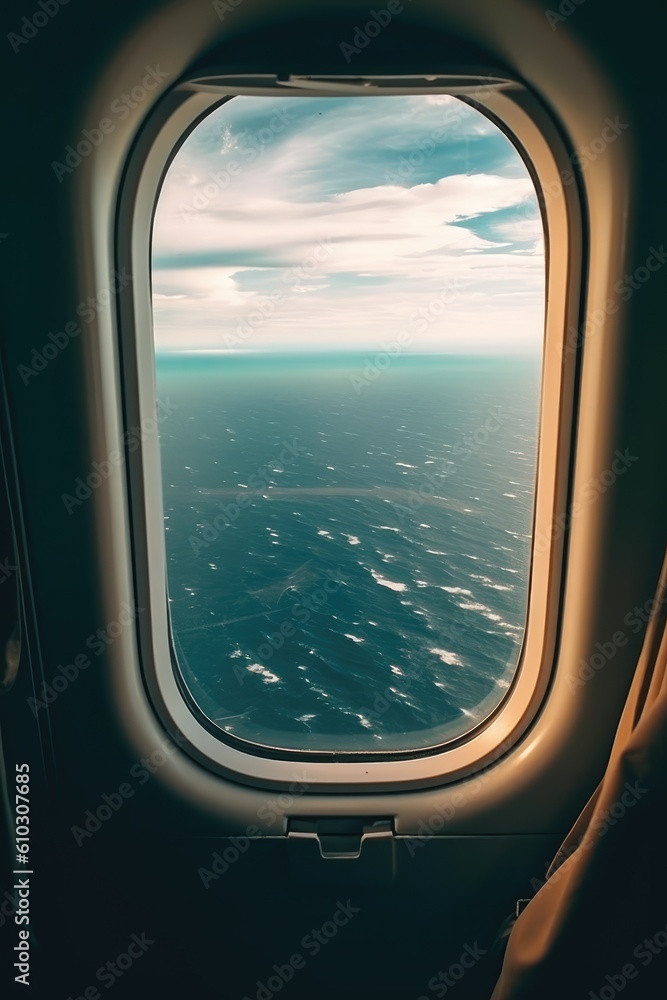 View from the porthole of an airplane on the sea and sky. generative AI