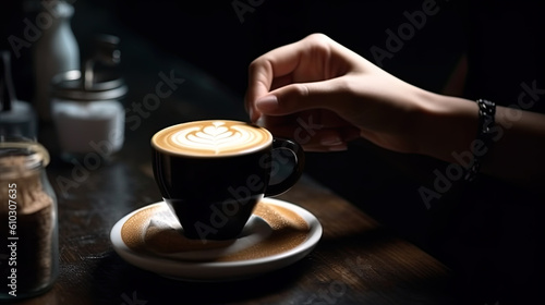 close up. of a woman holding a cup of latte macchiato coffee in her hands. Generative AI