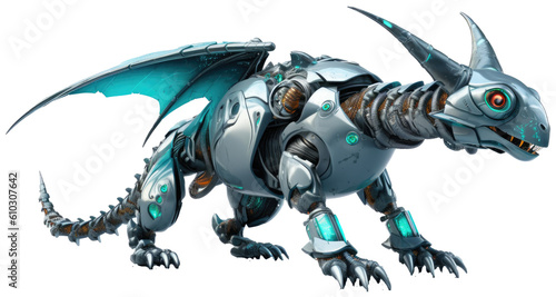 Robot dragon as mechanical cyber animal isolated on a transparent background, generative AI technology © Flowal93