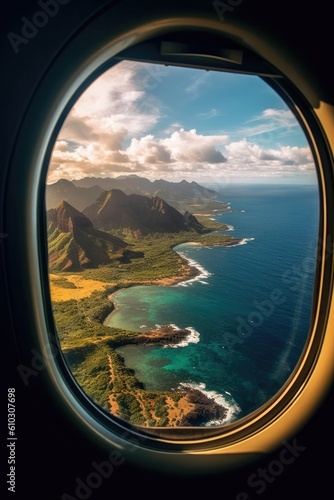 View from the porthole of an airplane window on the Hawaiian coast. generative AI