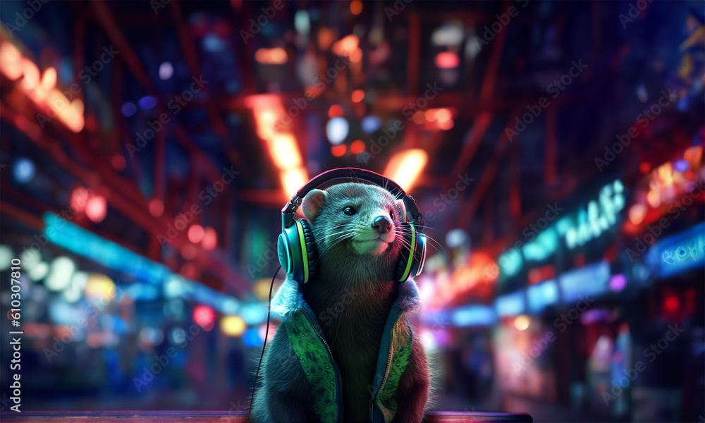 Mink with jacket on listening to headphones in a futuristic city