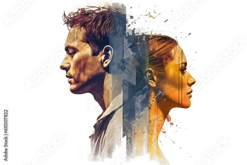 Double exposure portrait of a man and woman back to back, digital illustration, relationship crisis, end of communication. generative AI