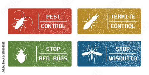 Pest control rubber stamp. Set of different grunge stamps isolated on white background. Vector