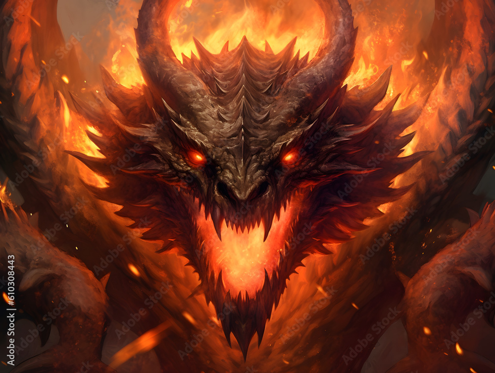 Red giant dragon breathing fire on dark background. Mythology creature ...
