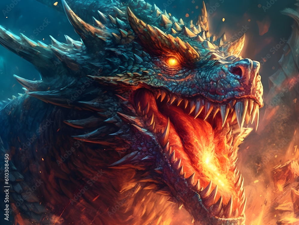 Red giant dragon breathing fire on dark background. Mythology creature ...