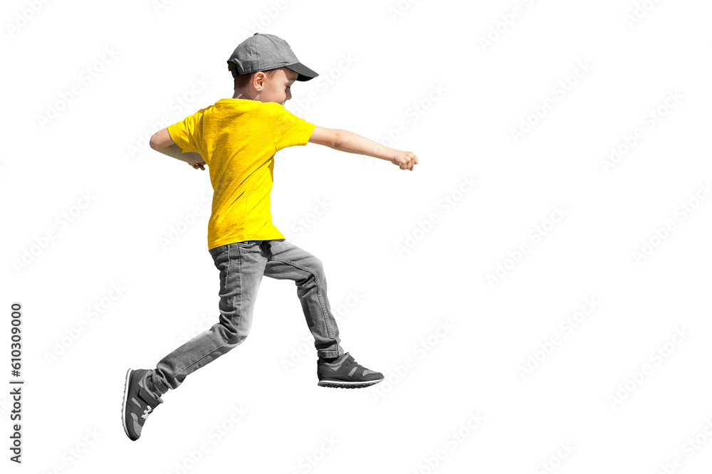 a boy jumps on a transparent background in a yellow t-shirt a boy jumps on a transparent background in a yellow t-shirt
