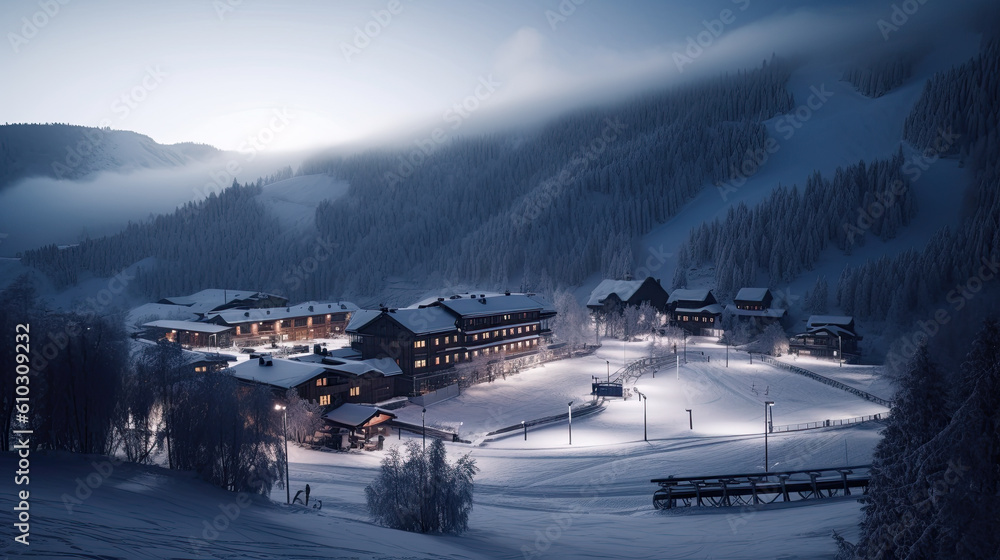Fototapeta premium winter resort with lots of snow. ski and sledding holiday concept. Generative AI