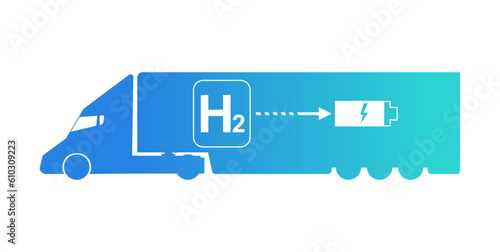 Schematic illustration of a hydrogen fuel cell truck. Hydrogen transport concept. Vector illustration.