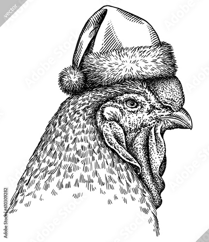 Vintage engraving isolated chicken set dressed christmas illustration rooster ink santa costume sketch. Farm fowl background hen bird silhouette cock new year hat art. Hand drawn vector image