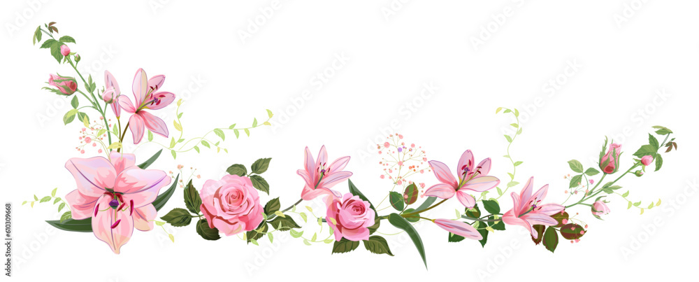 Panoramic view: bouquet of pink roses, lilies, spring blossom. Horizontal border for Mothers Day or wedding invitation. Gentle realistic illustration in watercolor style on white background. Vector