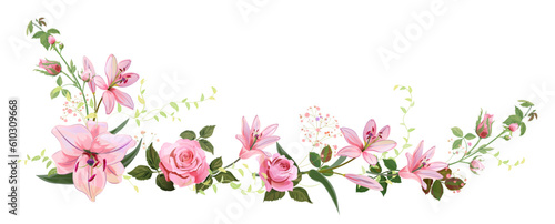 Panoramic view: bouquet of pink roses, lilies, spring blossom. Horizontal border for Mothers Day or wedding invitation. Gentle realistic illustration in watercolor style on white background. Vector © analgin12