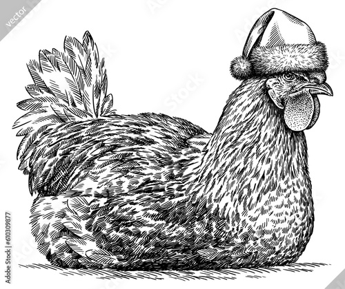 Vintage engraving isolated chicken set dressed christmas illustration rooster ink santa costume sketch. Farm fowl background hen bird silhouette cock new year hat art. Hand drawn vector image