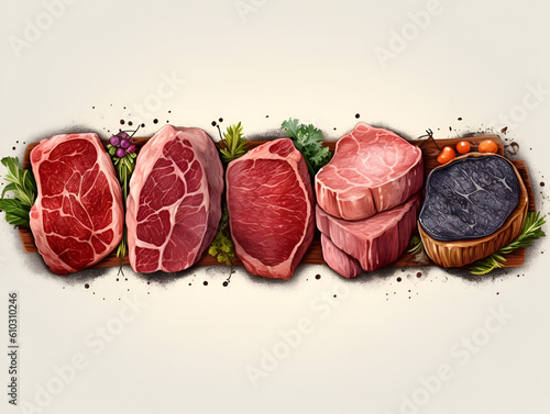Variety of raw beef meat steaks for grilling with seasoning. Illustration of a set of raw steak meat assortment on white background. Raw meat assortment. Generative AI