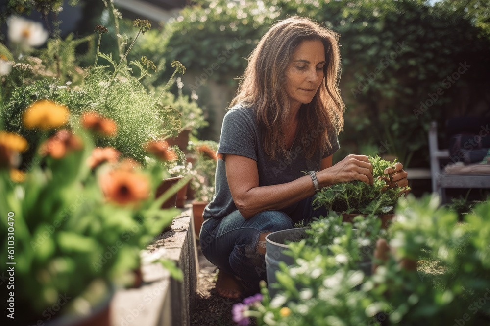 Confident 4mid-aged woman taking care of her plants in her home garden one summer afternoon. Generative AI Confident 4mid-aged woman taking care of her plants in her home garden one summer afternoon. Generative AI