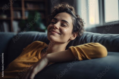 Smiling and relaxed mid-aged woman resting on the sofa in her comfortable home after a hard day at the office. Generative AI photo