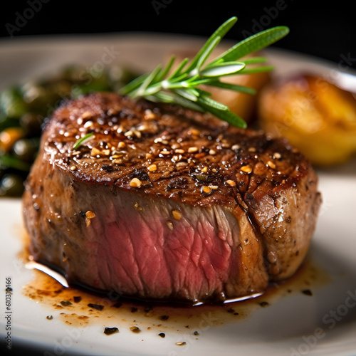 Close up of juicy medium rare Filet Mignon steak with butter and rosemary served on white plate with potatoes. Grilled medallion meat, close up of fillet mignon steak in meat restaurant. Generative AI photo