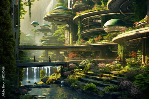 Illustration that envisions a futuristic green city, where sustainable technology and nature harmoniously coexist. Ai generated
