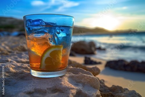 Refreshing gin tonic cocktail by the sea. Oranges. Summer  beach and vacation.