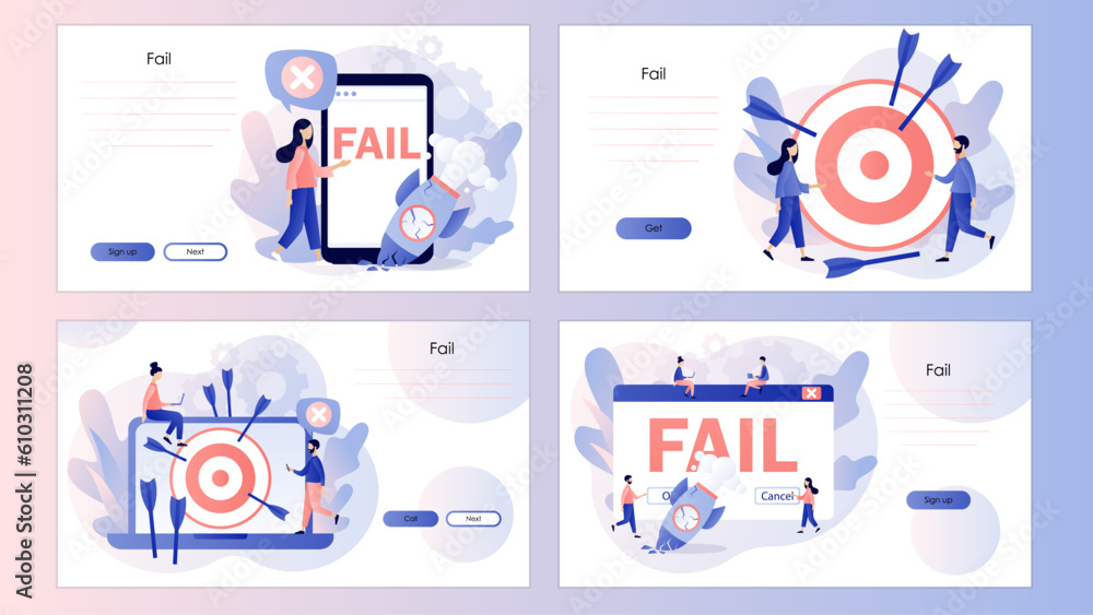 Fail start up business. Not hit target, arrows around, crash launching space rocket metaphor. Screen template for landing page, template, ui, web, mobile app, poster, banner, flyer. Vector 