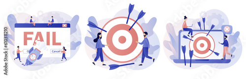 Fail start up business. Not hit target, arrows around, crash launching space rocket metaphor business failure. Unsuccessful businessman. Modern flat cartoon style. Vector illustration 
