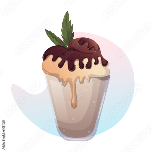 Illustration of ice cream sprinkled with chocolate and mint on white background. sweet food icon concept isolated . flat cartoon style