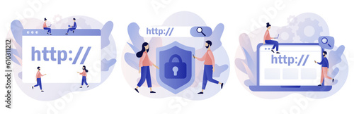 Hypertext Transfer Protocol concept. HTTP data web page. Web browser. Internet communication protocol. Modern flat cartoon style. Vector illustration on white background