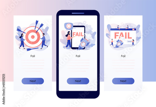 Fail start up business. Not hit target, arrows around, crash launching space rocket metaphor business failure.Screen template for mobile, smartphone app. Modern flat cartoon style. Vector illustration