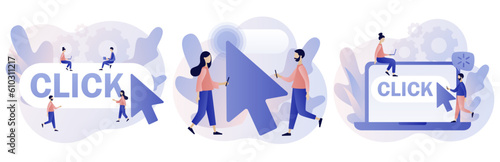 Click here button. Cursor pointer sign. Tiny people with huge mouse arrow click. Internet concept. Modern flat cartoon style. Vector illustration on white background

