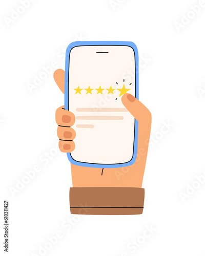 Consumer feedback. Hand clicks on a five star rating. Client leaves a positive review. Flat cartoon vector illustration.
