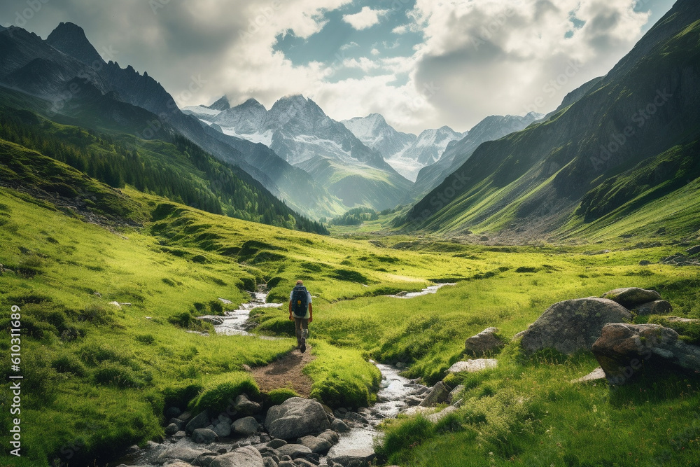 Man hiking on a mountain trail, surrounded by the majestic peaks of nature. This artwork captures the spirit of adventure, perseverance, and the indescribable beauty of mountains. Ai generated