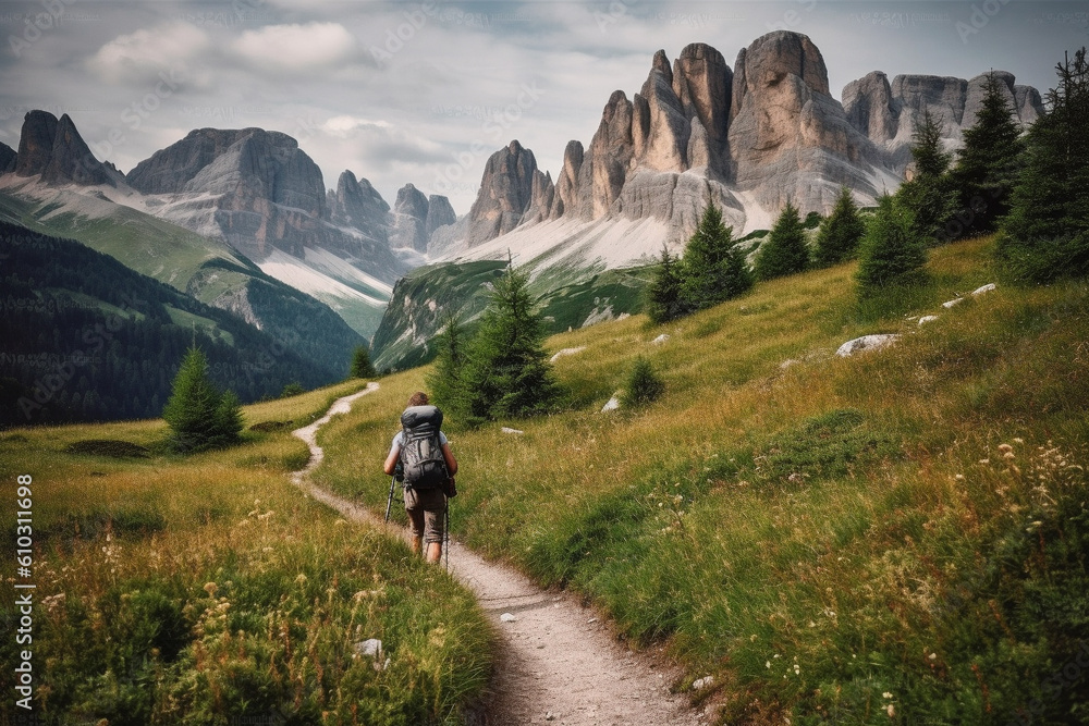 Man hiking on a mountain trail, surrounded by the majestic peaks of nature. This artwork captures the spirit of adventure, perseverance, and the indescribable beauty of mountains. Ai generated Man hiking on a mountain trail, surrounded by the majestic peaks of nature. This artwork captures the spirit of adventure, perseverance, and the indescribable beauty of mountains. Ai generated