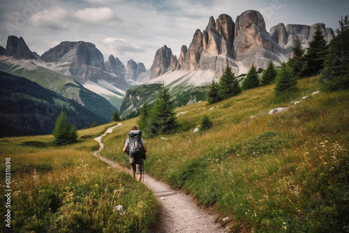 Man hiking on a mountain trail, surrounded by the majestic peaks of nature. This artwork captures the spirit of adventure, perseverance, and the indescribable beauty of mountains. Ai generated