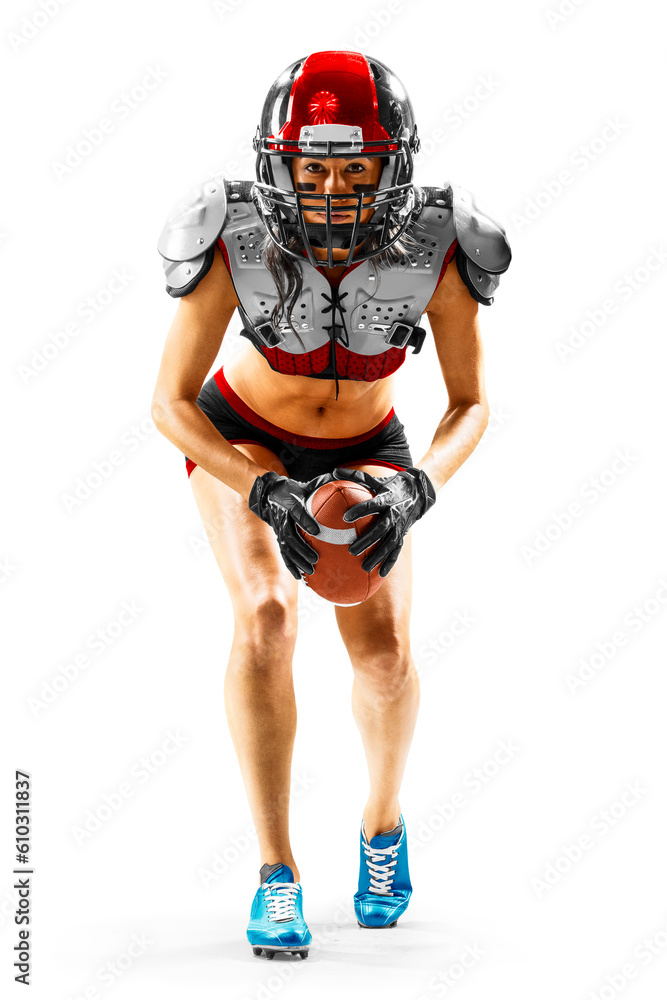 female american football player in uniform and jersey T-shirt posing with helmet isolated on white background